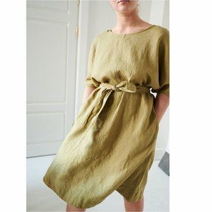 LINENFOX Rush Olive Linen Dress Sz L XL Missing Belt